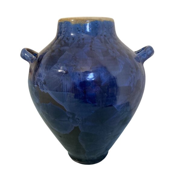 Stunning Dark Cobalt Blue Crystalline Pottery Vase With Handles Signed - Picture 1 of 10
